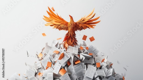 A digital phoenix rising from a pile of business documents, symbolizing entrepreneurial resilience, Surreal, Bright Colors, High Detail