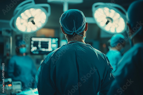 Doctor in Scrubs Reviewing Monitor During Surgery in Hospital Operating Room, Ideal for Medical Science and Surgical Procedures