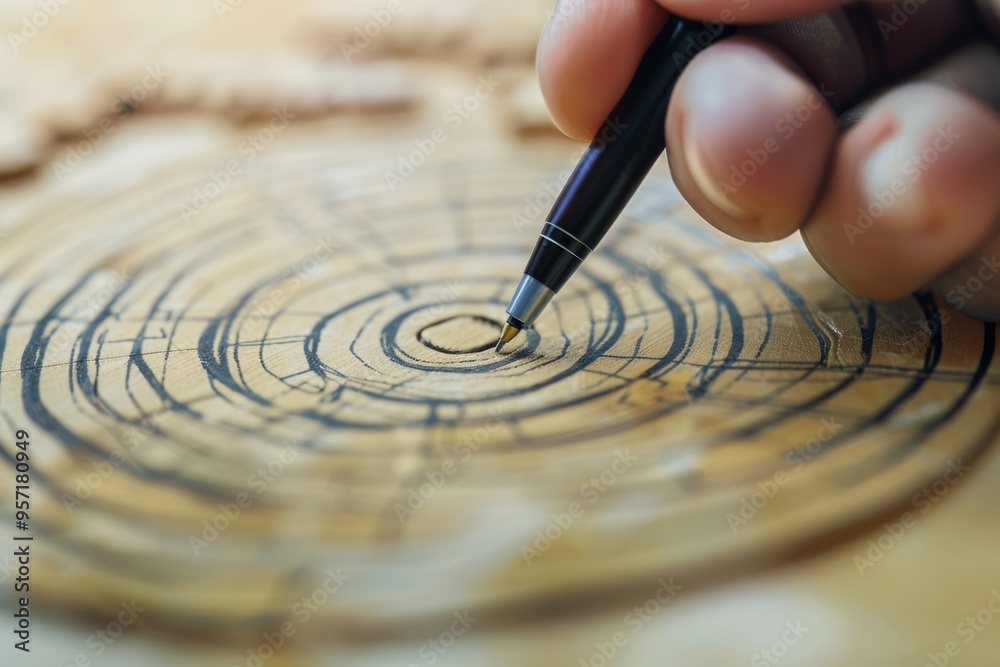 A close-up shot of a hand drawing concentric circles on a piece of paper with a pen, depicting the process and precision of artistic creation. A close-up shot of a hand drawing concentric circles on a piece of paper with a pen, depicting the process and precision of artistic creation.