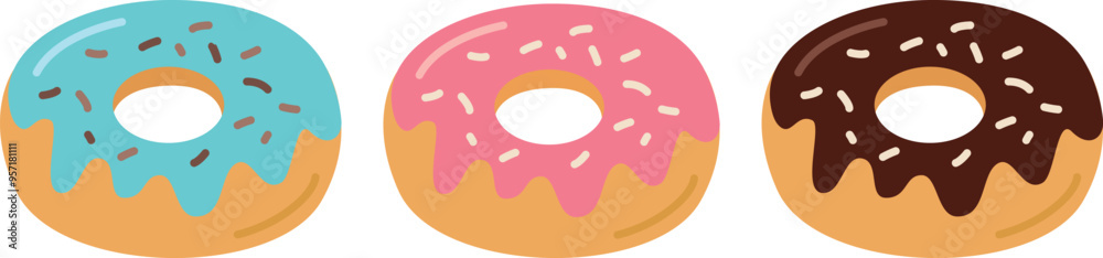 Set of donuts with sweet glaze and sprinkles. Vector delicious illustration in flat style Set of donuts with sweet glaze and sprinkles. Vector delicious illustration in flat style