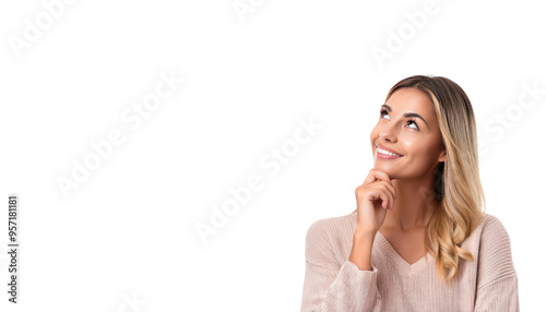 Young Uruguayan Woman Thinking an Idea While Looking Up, Pensive Expression, Thoughtful Moment, Creative Inspiration, Isolated on Transparent Background, PNG File