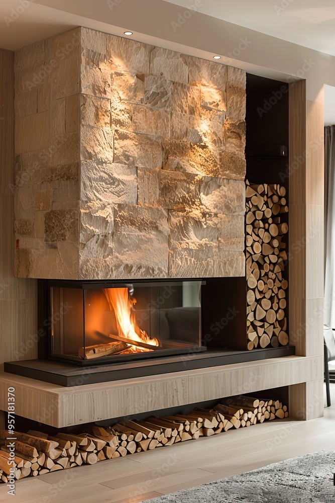 Modern fireplace with stacked firewood, creating a cozy atmosphere