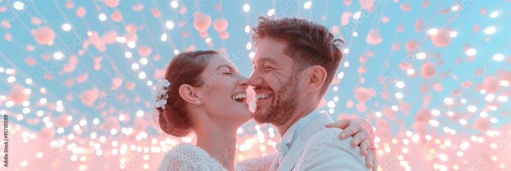 Joyful Multicultural Couple Dancing in Traditional Wedding Attire Beneath Evening Fairy Lights in Garden Party Joyful Multicultural Couple Dancing in Traditional Wedding Attire Beneath Evening Fairy Lights in Garden Party