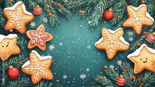 Bright and colorful Christmas cookies decorated with intricate designs surrounded by green pine branches and red ornaments, capturing holiday spirit.