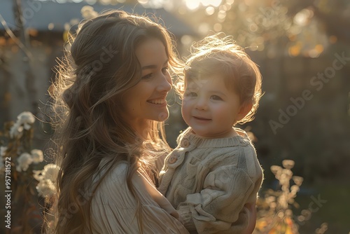 heartwarming scene of a mother and her baby in a soft, golden light, enjoying an outdoor moment. The image evokes feelings of love, warmth, and family photo