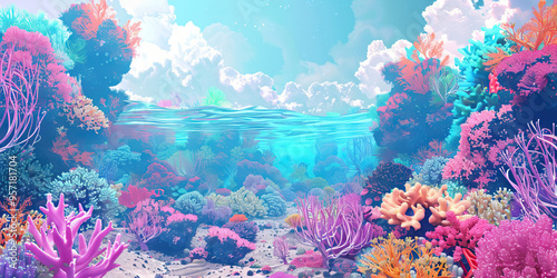 Vivid coral reef with multicolor pastel underwater.