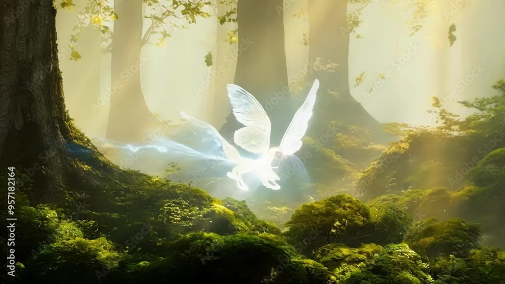 Glowing fairy flies through an enchanted forest at dawn, illuminating the moss covered ground and ancient trees with its ethereal light