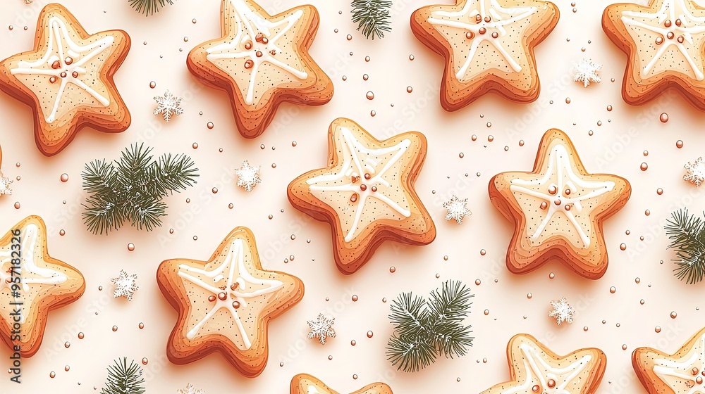 Star-shaped cookies adorned with delicate golden icing, interspersed with snowflakes and pine branches, set against a light background for an elegant Christmas setting. Star-shaped cookies adorned with delicate golden icing, interspersed with snowflakes and pine branches, set against a light background for an elegant Christmas setting.