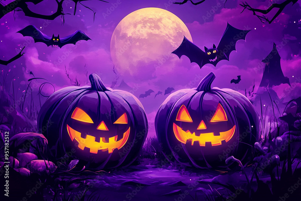 Halloween pumpkin on purple scary background with bats and full moon Halloween pumpkin on purple scary background with bats and full moon