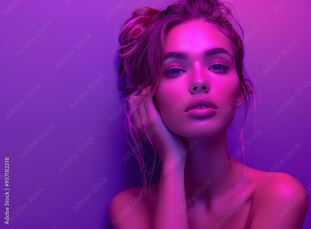 A stunning portrait of a young woman illuminated by soft purple and pink lighting, creating a modern and artistic atmosphere. Ideal for beauty, fashion, and editorial photography projects. A stunning portrait of a young woman illuminated by soft purple and pink lighting, creating a modern and artistic atmosphere. Ideal for beauty, fashion, and editorial photography projects.