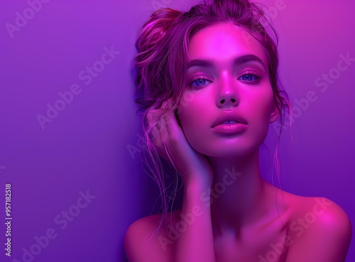 A stunning portrait of a young woman illuminated by soft purple and pink lighting, creating a modern and artistic atmosphere. Ideal for beauty, fashion, and editorial photography projects.