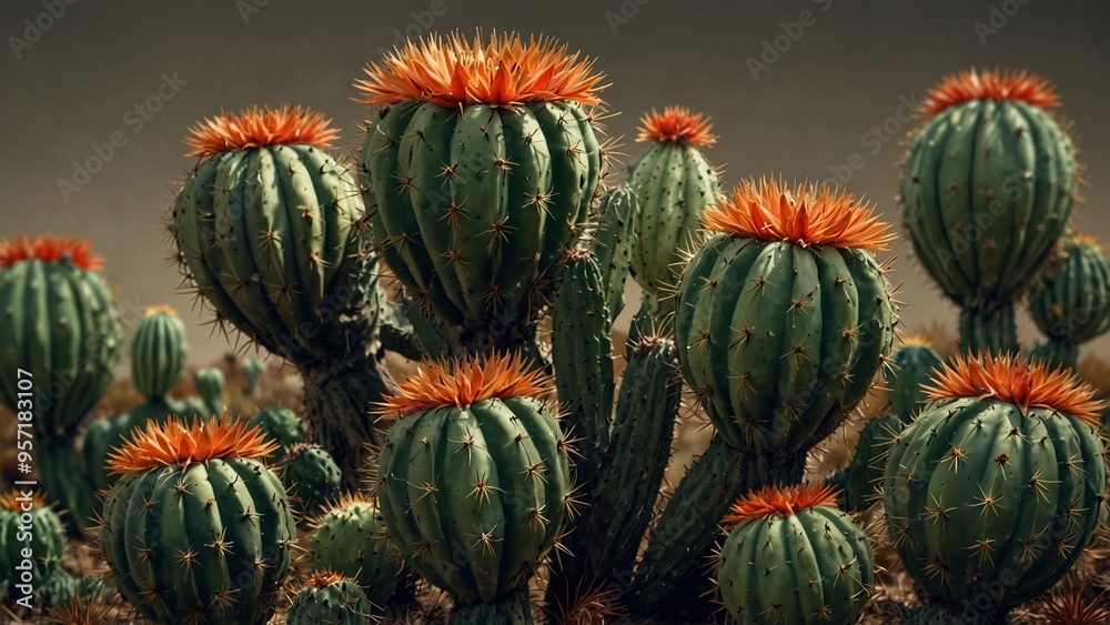 Obraz premium Green cactuses with orange flowers blooming in a desert landscape.