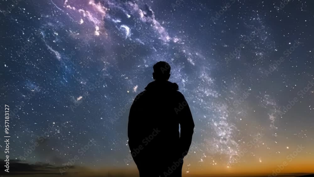Man gazes up at the night sky, surrounded by stars and the milky way, evoking wonder and fantasy Man gazes up at the night sky, surrounded by stars and the milky way, evoking wonder and fantasy