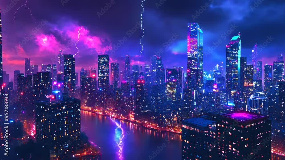 Futuristic city skyline illuminated by neon lights during a thunderstorm, with lightning bolts striking over a reflective river.