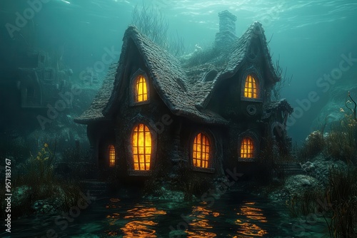 Underwater haunted house, glowing windows, spooky vibes, illustration