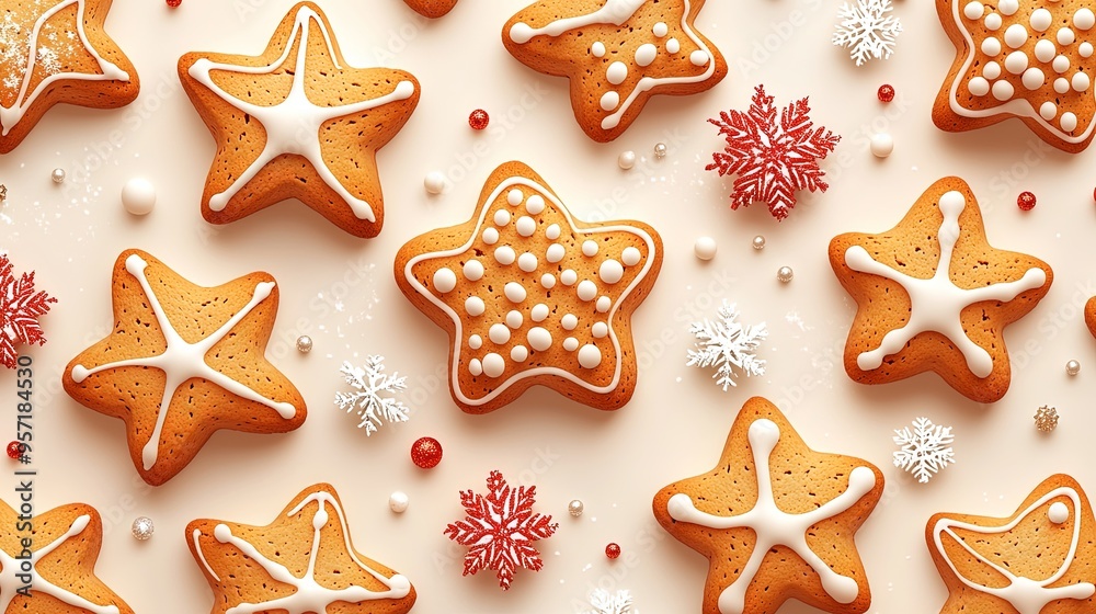 Star-shaped cookies decorated with a range of icing patterns, including dots and lines, on a white background with snowflake designs and festive red accents. Star-shaped cookies decorated with a range of icing patterns, including dots and lines, on a white background with snowflake designs and festive red accents.