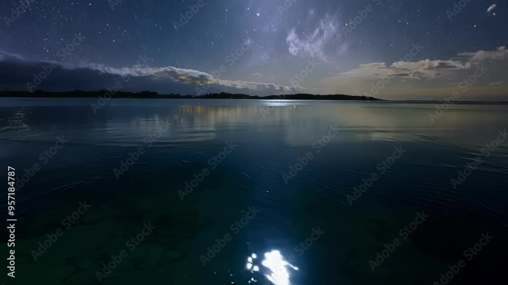 Moonlight is reflecting on the surface of a body of water at night, creating a magical and otherworldly scene. The light creates an ethereal glow beneath the surface, illuminating the depths Moonlight is reflecting on the surface of a body of water at night, creating a magical and otherworldly scene. The light creates an ethereal glow beneath the surface, illuminating the depths