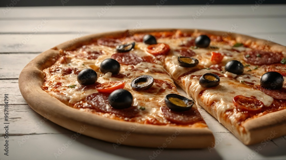 Delicious, juicy pizza on a wooden table. Ai illustration.