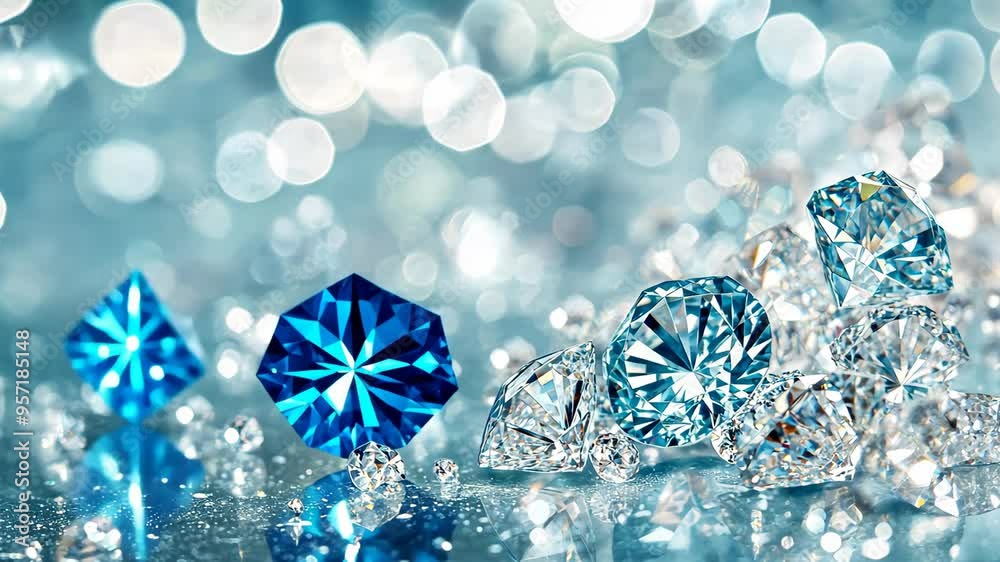 Close-up of sparkling diamonds scattered on a turquoise surface, capturing their brilliance and clarity against a vibrant backdrop. Close-up of sparkling diamonds scattered on a turquoise surface, capturing their brilliance and clarity against a vibrant backdrop.