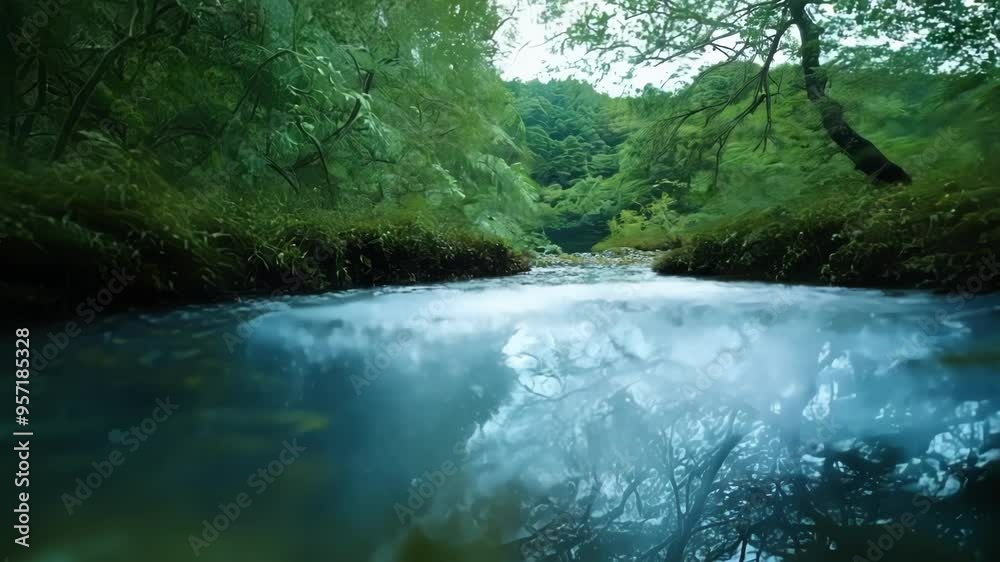 Rushing river flows through a vibrant green forest, creating a magical and serene atmosphere that transports you to a fantasy world Rushing river flows through a vibrant green forest, creating a magical and serene atmosphere that transports you to a fantasy world