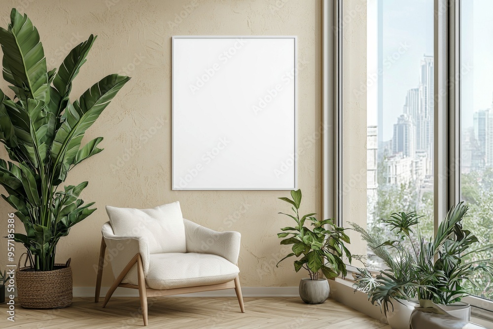 Poster Frame in Beige minimalist living room interior created with generative AI Poster Frame in Beige minimalist living room interior created with generative AI