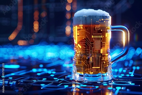 Mug of beer with futuristic technology on blue glowing neon background.