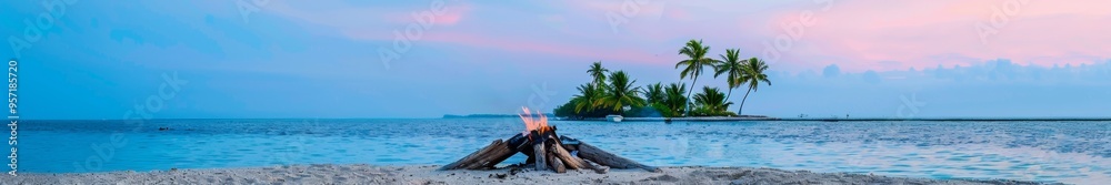 Naklejka premium Sunset Beach Bonfire With Tropical Island, Logs, and Palms, Emphasizing Warmth and Relaxation