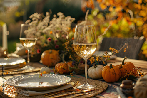 A table set for an autumn celebration with white wine glasses, pumpkins, and flowers in the garden, sunlight shining through the leaves