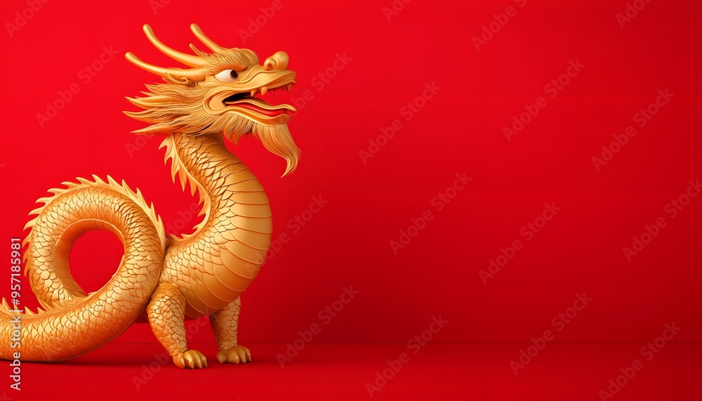 Fototapeta premium A majestic golden dragon stands proudly against a vibrant red background, symbolizing power and strength in Chinese culture.