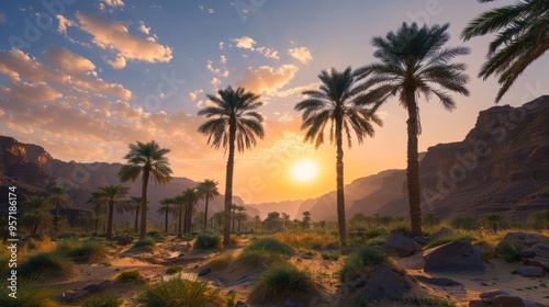 A beautiful sunset over a desert landscape with palm trees