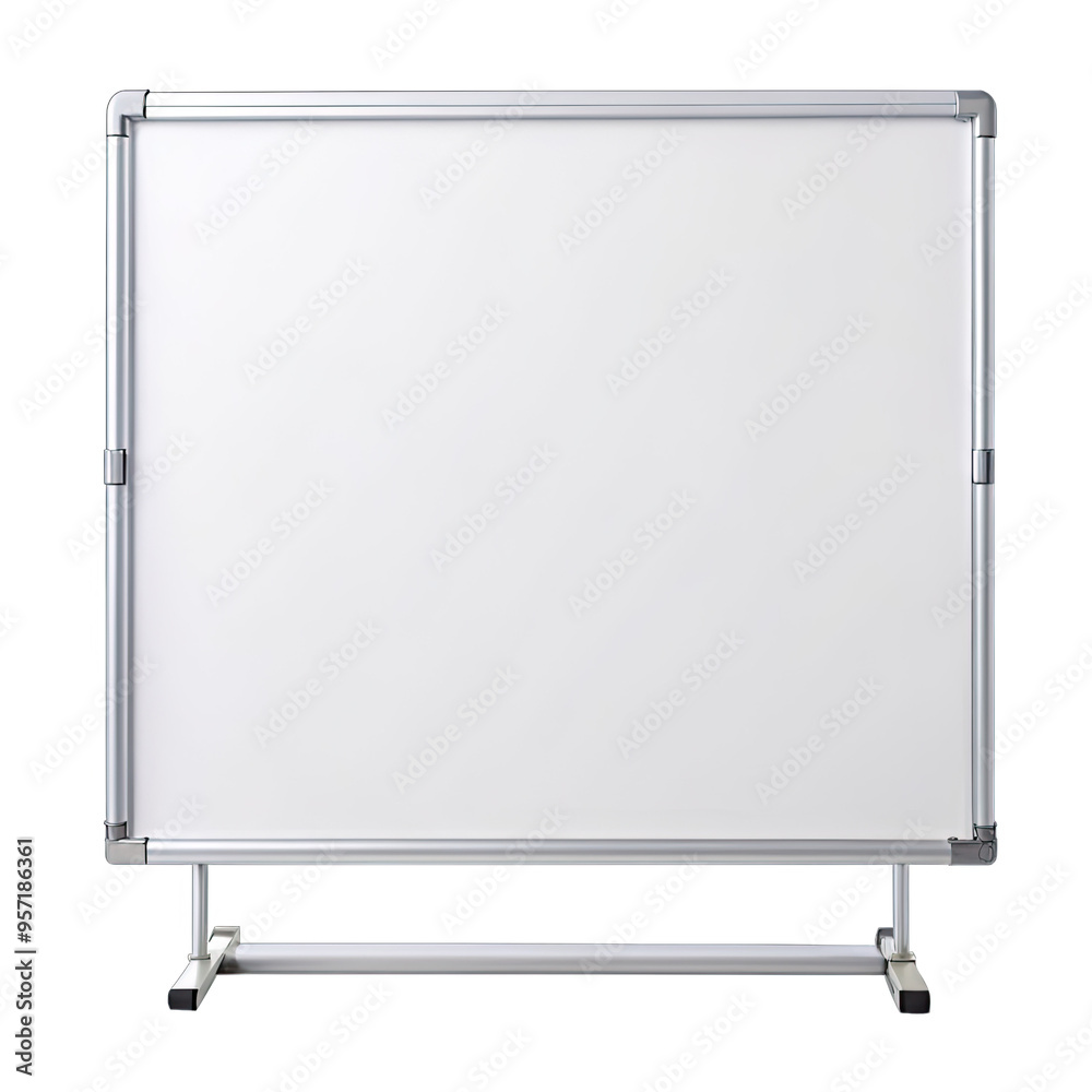 A white, rectangular whiteboard is on a stand with a silver frame. The whiteboard is isolated against a white background A white, rectangular whiteboard is on a stand with a silver frame. The whiteboard is isolated against a white background