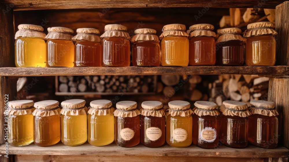Rustic Shelf Displaying Assorted Jars of Honey in a Cozy Cabin Setting Rustic Shelf Displaying Assorted Jars of Honey in a Cozy Cabin Setting