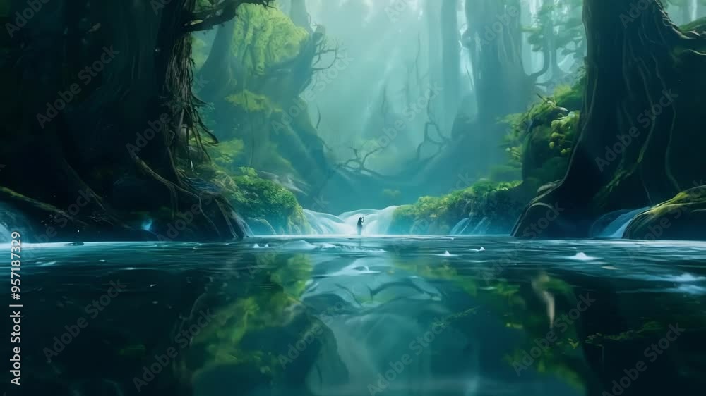 Sunlight piercing through fog on a serene waterfall in an enchanting forest, creating a magical and peaceful scene with moss covered rocks and lush greenery Sunlight piercing through fog on a serene waterfall in an enchanting forest, creating a magical and peaceful scene with moss covered rocks and lush greenery