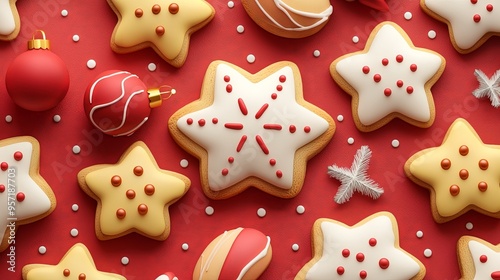 Wallpaper Mural Star-shaped Christmas cookies decorated with white and red icing, set against a vibrant red background with accompanying red and white Christmas ornaments. Torontodigital.ca