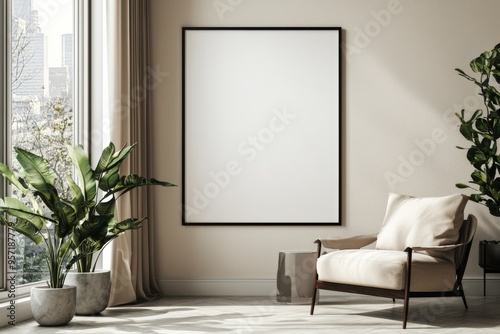 Wallpaper Mural Poster Frame in Beige minimalist living room interior created with generative AI Torontodigital.ca