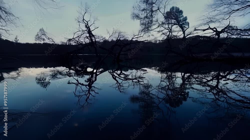 Spooky and mysterious swamp is reflecting on the water surface at twilight, with bare trees and branches creating a creepy atmosphere Spooky and mysterious swamp is reflecting on the water surface at twilight, with bare trees and branches creating a creepy atmosphere