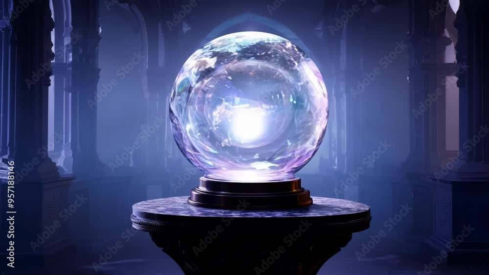 Mysterious glowing crystal ball is standing on a pedestal inside an ancient stone building with pillars, creating a mystical atmosphere