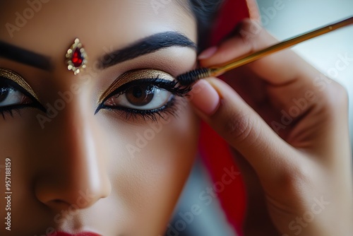 Striking and Dramatic Indian Woman Applying Bold Eyeliner Against Soft Clean Background photo