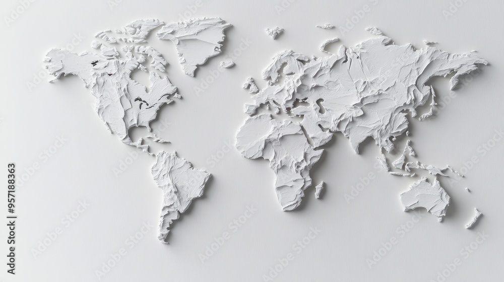 This image shows a minimalist 3D white world map with detailed texturing, emphasizing the clean and sophisticated layout of global continents arranged artistically. This image shows a minimalist 3D white world map with detailed texturing, emphasizing the clean and sophisticated layout of global continents arranged artistically.