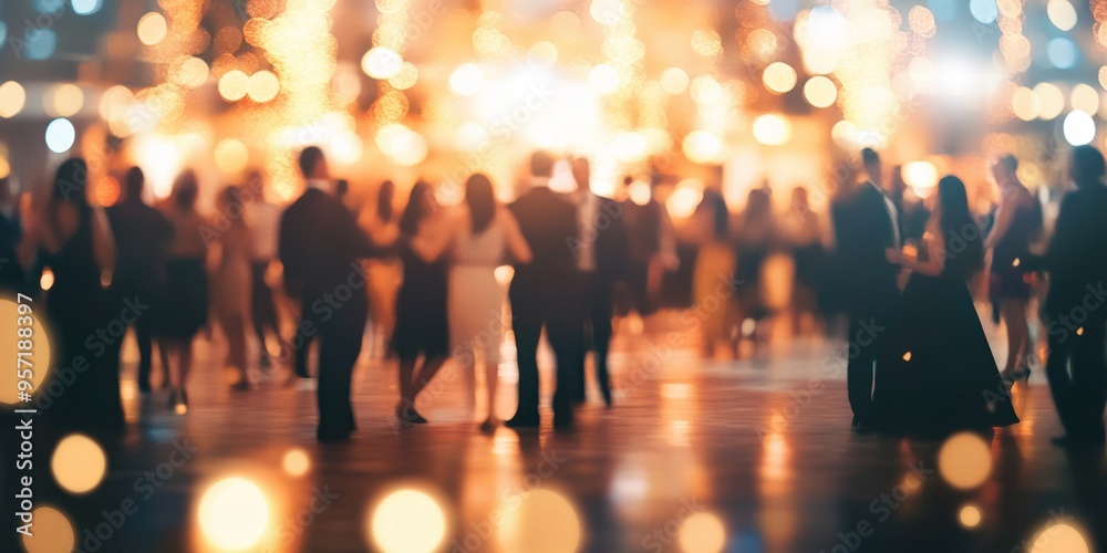 Blurred background of an event with people dancing and socializing in the foreground The scene is illuminated by warm lights, creating soft shadows on their faces Generative AI Blurred background of an event with people dancing and socializing in the foreground The scene is illuminated by warm lights, creating soft shadows on their faces Generative AI