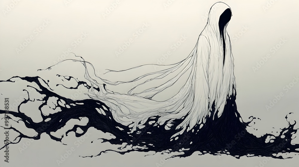 A Yrei Apparition Lingering in Pale Monochrome Line Drawing Style A Yrei Apparition Lingering in Pale Monochrome Line Drawing Style