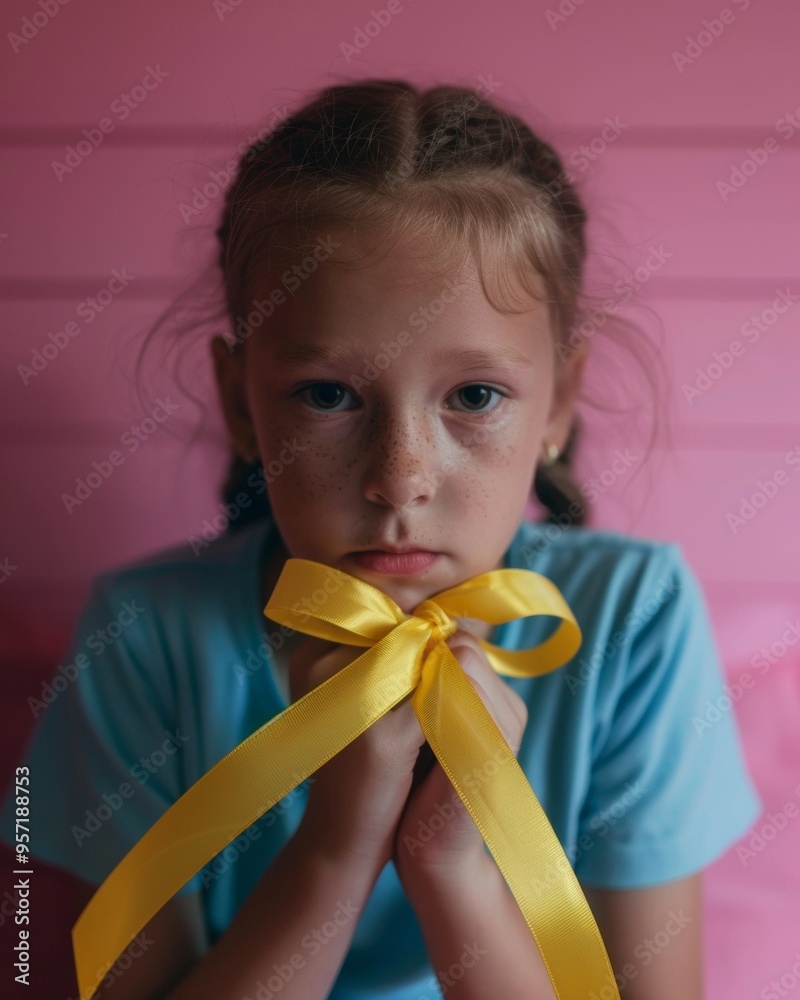 Young Girl Participates in Suicide Prevention Day Holding a Yellow Ribbon at Home with Pink Walls During the Day, Reflective Mood Young Girl Participates in Suicide Prevention Day Holding a Yellow Ribbon at Home with Pink Walls During the Day, Reflective Mood