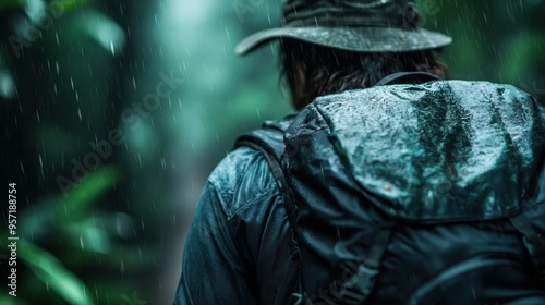 A solitary backpacker, adorned in a wet hat and rain-soaked clothes, treks through a lush forest trail in the rain, epitomizing adventure, resilience, and connection with nature. photo