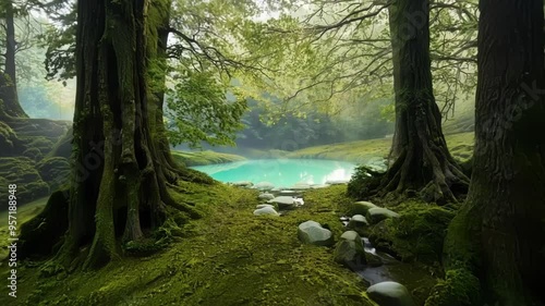 Sunbeams filter through primeval forest canopy, illuminating a turquoise lake in a lush clearing. The magical atmosphere enchants with beauty