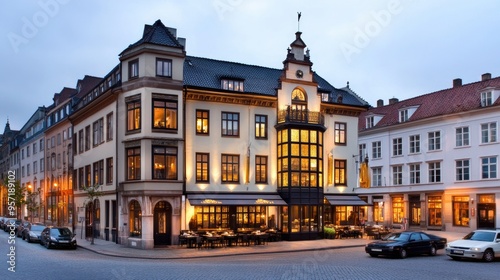 This striking luxury restaurant features a contemporary glass and black steel design, standing out against Copenhagen's historic architecture in the evening light