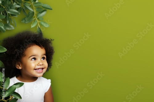 Olive background Happy european white child realistic person portrait of young beautiful Smiling child Isolated on Background Banner with copyspace  photo