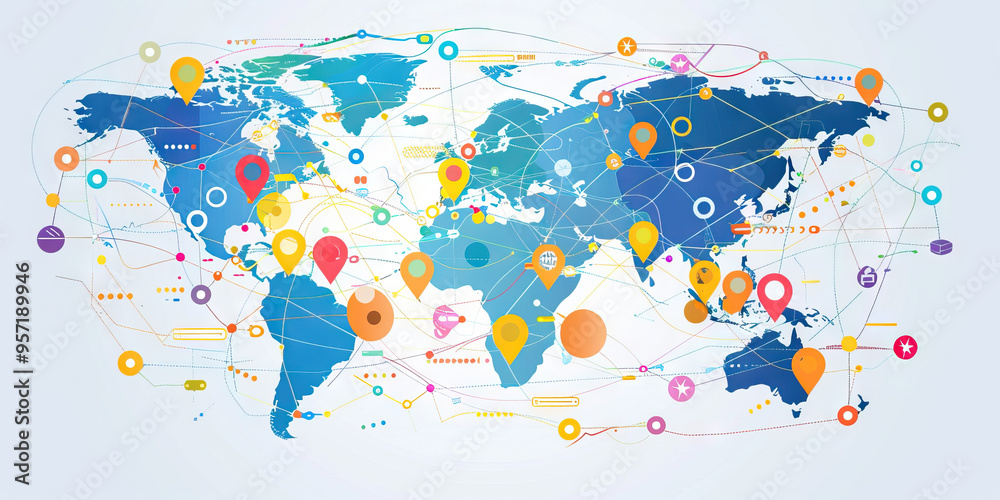 Fototapeta premium A world map showing potential market entry points for a company, with colored pins indicating attractiveness based on market analysis.