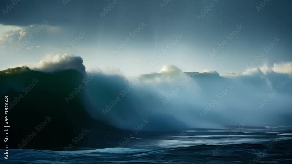 Massive, teal colored ocean wave is about to crash in a dramatic, fantasy scene. The sky is dark and cloudy, creating a sense of foreboding Massive, teal colored ocean wave is about to crash in a dramatic, fantasy scene. The sky is dark and cloudy, creating a sense of foreboding