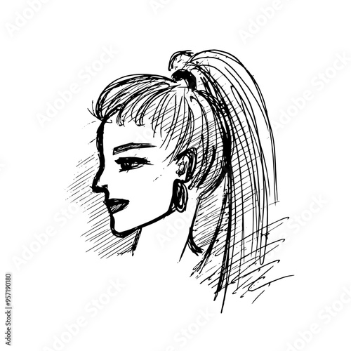 female face in profile - drawing sketch, ponytail hairstyle. girl makeup face