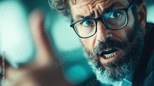 A blurred image capturing a man making a gesture with his hand, with an artistic focus on the background lighting and soft focus effects in a contemporary style.